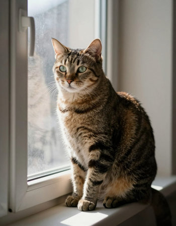 Tabby cat sitting on the windowsill, looking out the window