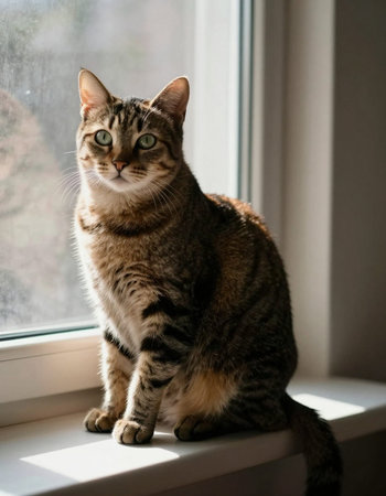 Cute tabby cat sitting on the windowsill and looking out the window