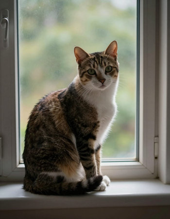 Domestic cat sitting on the windowsill and looking out the window