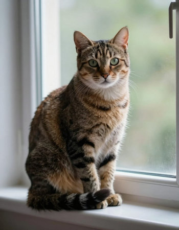 Beautiful tabby cat sitting on the windowsill and looking out the window