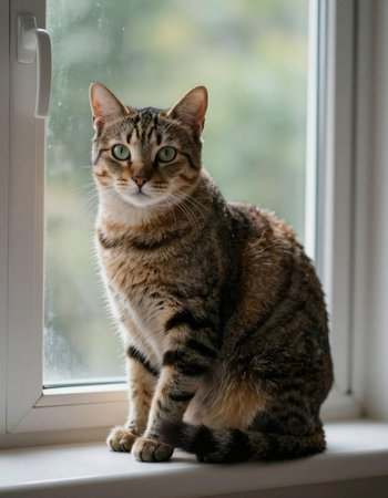 Beautiful tabby cat sitting on the window sill and looking at the camera