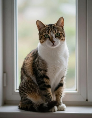 Domestic cat sitting on a window sill in front of a window