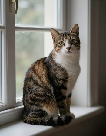 Domestic cat sitting on a window sill in front of a window