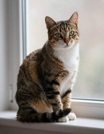 Cute tabby cat sitting on the windowsill and looking out the window