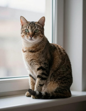 Cute tabby cat sitting on windowsill and looking at camera