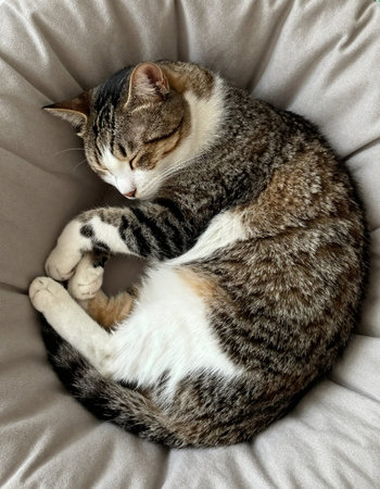 Cute tabby cat sleeping on armchair, top view.