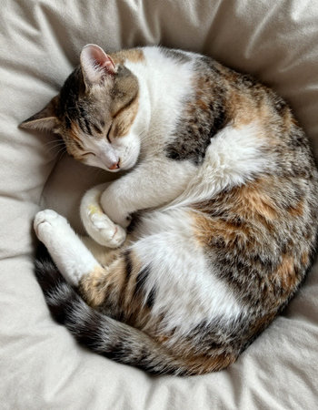 Cute cat sleeping on the bed at home in the morning.