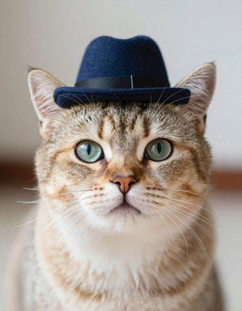 Portrait of a cat wearing a blue hat with green eyes.