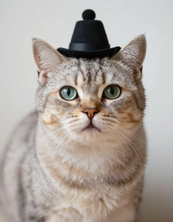 Portrait of a beautiful cat in a black hat on a white background