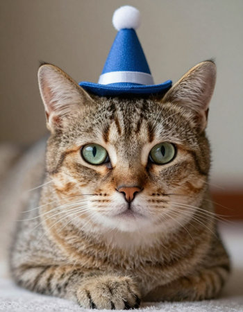 Portrait of a cat wearing a blue hat on a white background