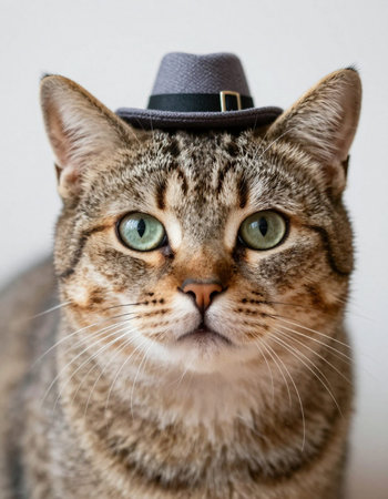Portrait of a cat wearing a hat and looking at the camera