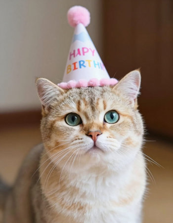 Cute cat wearing a birthday party hat with text Happy Birthday.