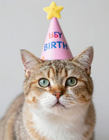 Cat with birthday hat on white background. Shallow depth of field.