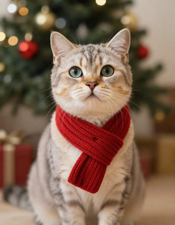 Beautiful tabby cat in a red scarf near the Christmas tree