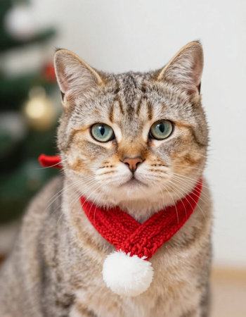 Cute tabby cat wearing a red scarf and christmas hat