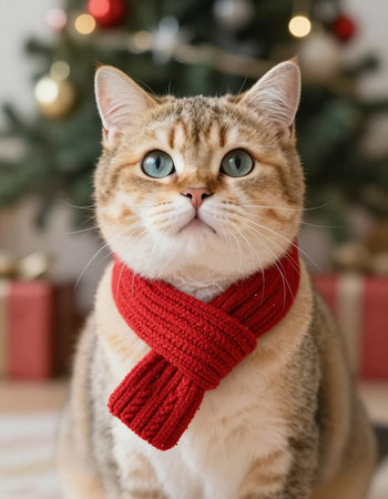 Cute cat with scarf and christmas tree on background, closeup
