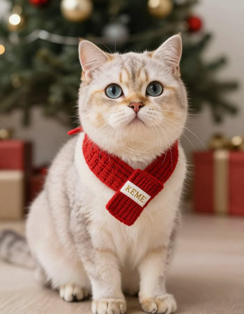Cute cat in a red scarf on the background of a Christmas tree