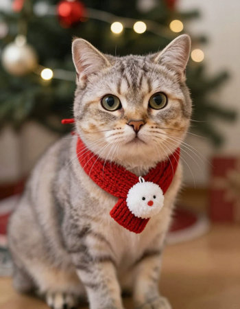 Cute tabby cat in a red scarf at the Christmas tree