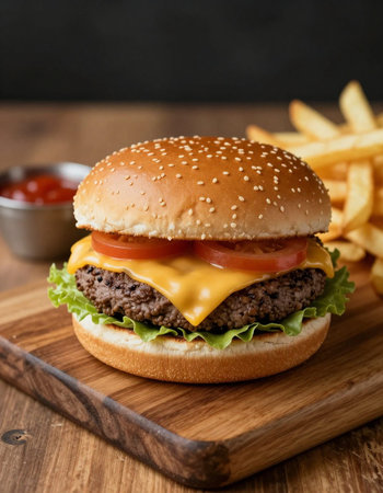 Cheese burger - American cheese burger with Golden French fries on wooden board