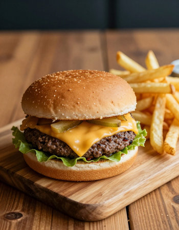 Cheese burger - American cheese burger with Golden French fries on wooden background