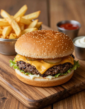 Cheese burger - American cheese burger with Golden French fries and ketchup
