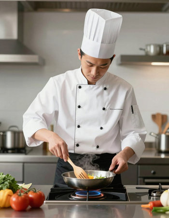 Asian male chef cooking food in the kitchen at home. Healthy lifestyle concept.