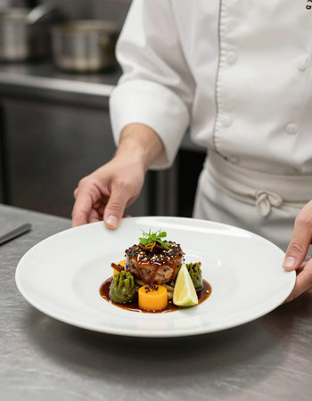 chef in white uniform decorating dish with fresh vegetables in restaurant kitchen
