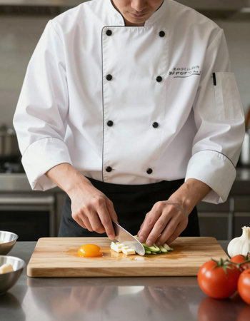 Chef cutting vegetables on a wooden board in a commercial kitchen.