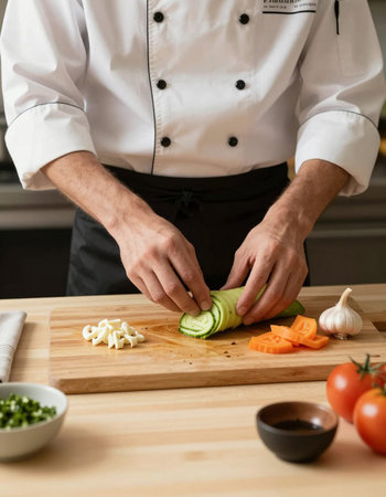 Close-up of male chef cutting vegetables on wooden board in the kitchen