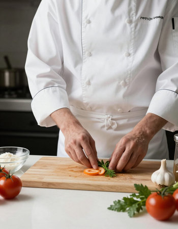 Chef cutting vegetables on a wooden board in the kitchen at home