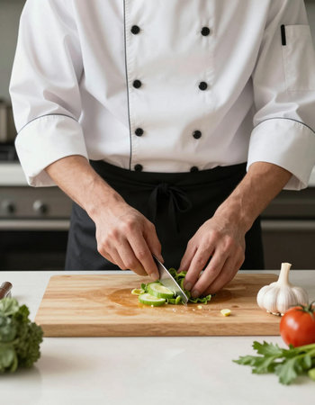 Close-up of male chef cutting fresh cucumber on wooden board