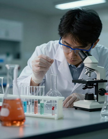 Young male scientist working in a lab (color toned image; shallow DOF)