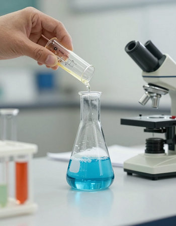 Laboratory glassware with blue liquid in the hands of a scientist