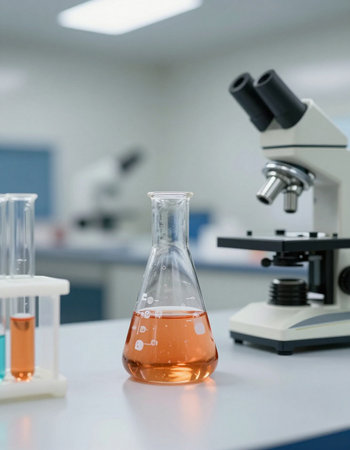 Laboratory glassware and microscope, science research and development concept.