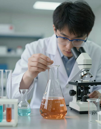 scientist working in laboratory with microscope and test tube, science research and development...