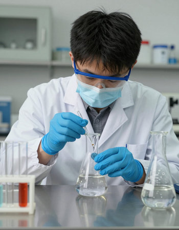 Asian scientist working in laboratory and examining test tube with reagents.