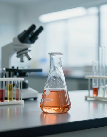 Laboratory glassware with orange liquid on the table, science background