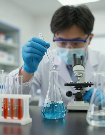 scientist working in laboratory with microscope and test tube, science research and development...