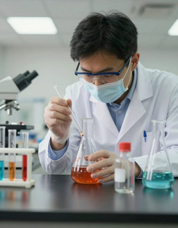 scientist working with test tube and microscope in laboratory, science concept