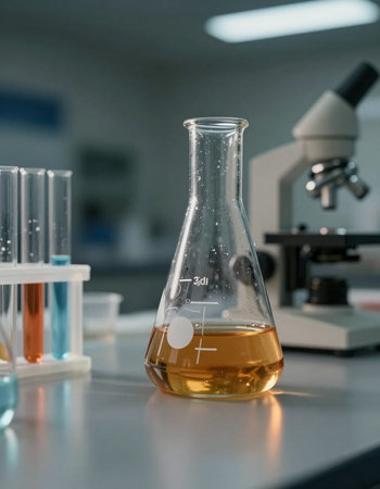 Laboratory glassware with chemical liquid on laboratory table, science research and development...