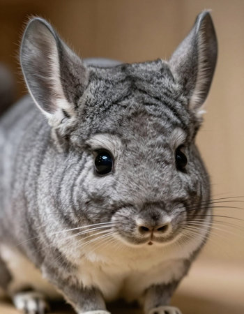 Gray chinchilla on a wooden background. Close-up.