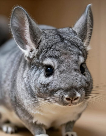 Gray chinchilla on a brown background. Close-up.