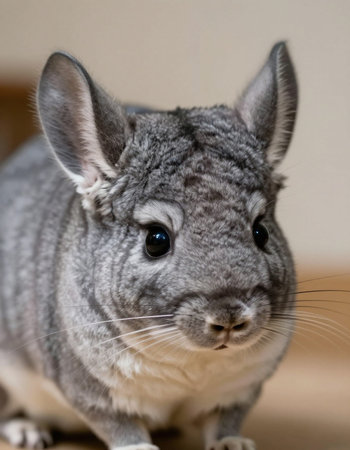 Gray chinchilla sitting on the floor and looking at the camera