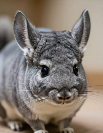 Gray chinchilla close-up on a blurred background. Animal portrait