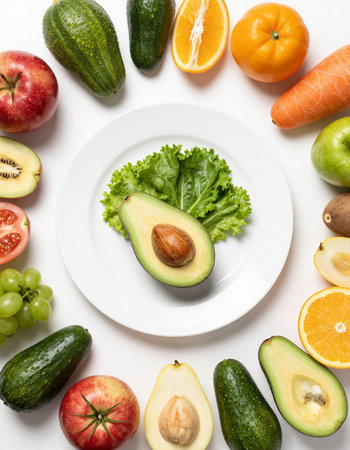 Fruits and vegetables on white background. Flat lay, top view
