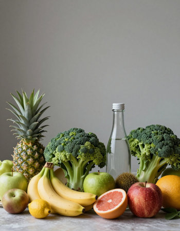 Fresh fruits and vegetables with a bottle of water on a gray background