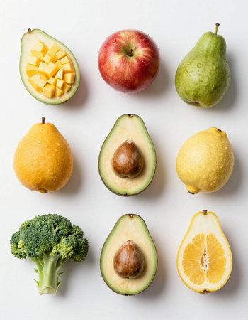 Avocado, pear, apple and broccoli on white background, top view
