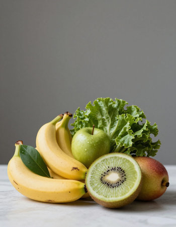 Fruits and vegetables on a white marble table, selective focus.