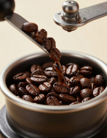 Coffee grinder with roasted coffee beans, close-up