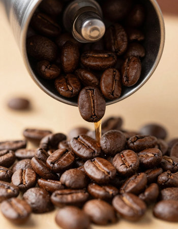 Coffee beans being poured from a coffee grinder into a cup